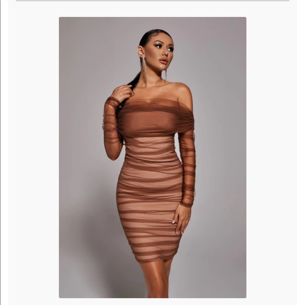 Ruched tan, mesh bandage dress